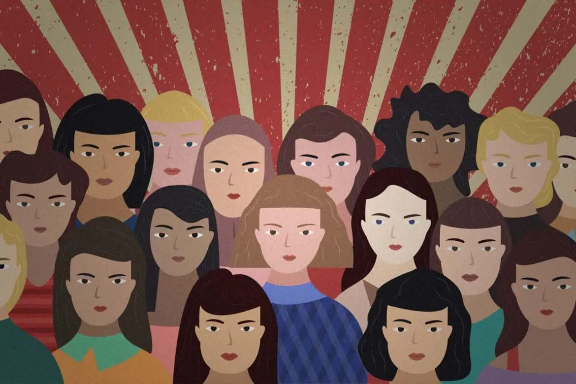 Sekelompok perempuan yang beragam berdiri bersama, dalam solidaritas feminisme.