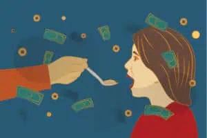 Seorang perempuan yang disuapi makanan dengan uang bertaburan di sekelilingnya