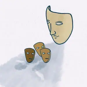 Topeng besar membayangi topeng-topeng lebih kecil, bermakna diskriminasi