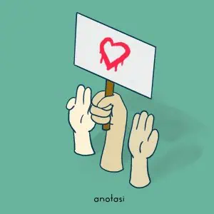 Mengangkat banner bersimbol hati