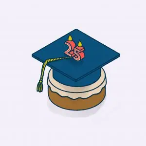 Ilustrasi toga sebagai kue ulang tahun dengan lilin angka 25