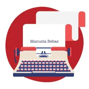 Mesin ketik dengan kertas bertuliskan "manusia bebas"