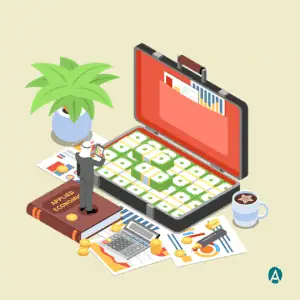 Ilustrasi uang dalam koper dengan orang dan seluruh kegiatan di sekilingnya