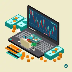 Ilustrasi laptop dengan layar investasi dan uang di sekelilingnya