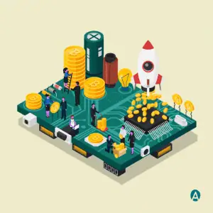 Ilustrasi uang di atas chip