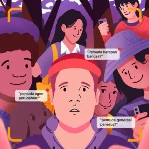 Ilustrasi kaum muda dikelilingi orang dan bubble chat