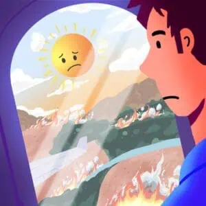 Ilustrasi seorang menengok ke jendela pesawat dan melihat kerusakan lingkungan