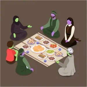 Orang-orang dengan beragam latar belakang agama makan bersama