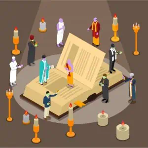 Para pemuka agama mengelilingi buku