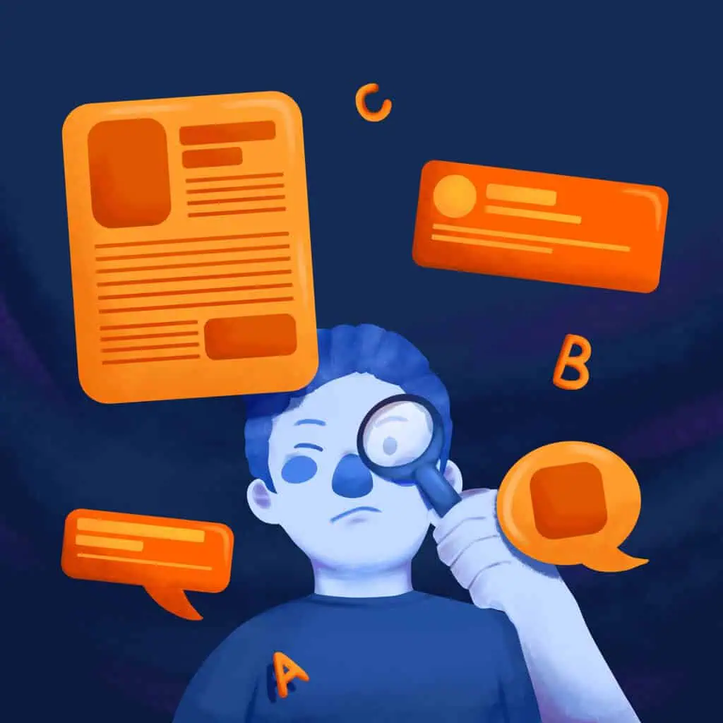 Seseorang menggunakan kaca pembesar untuk melihat ilustrasi koran, chat, postingan