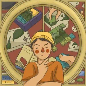 Seseorang menopang dagu dengan latar buku dan arsip sejarah