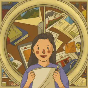 Seseorang memegang kertas dengan latar arsip