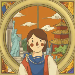 Seorang yang berdiri antara patung Liberty dan Pura