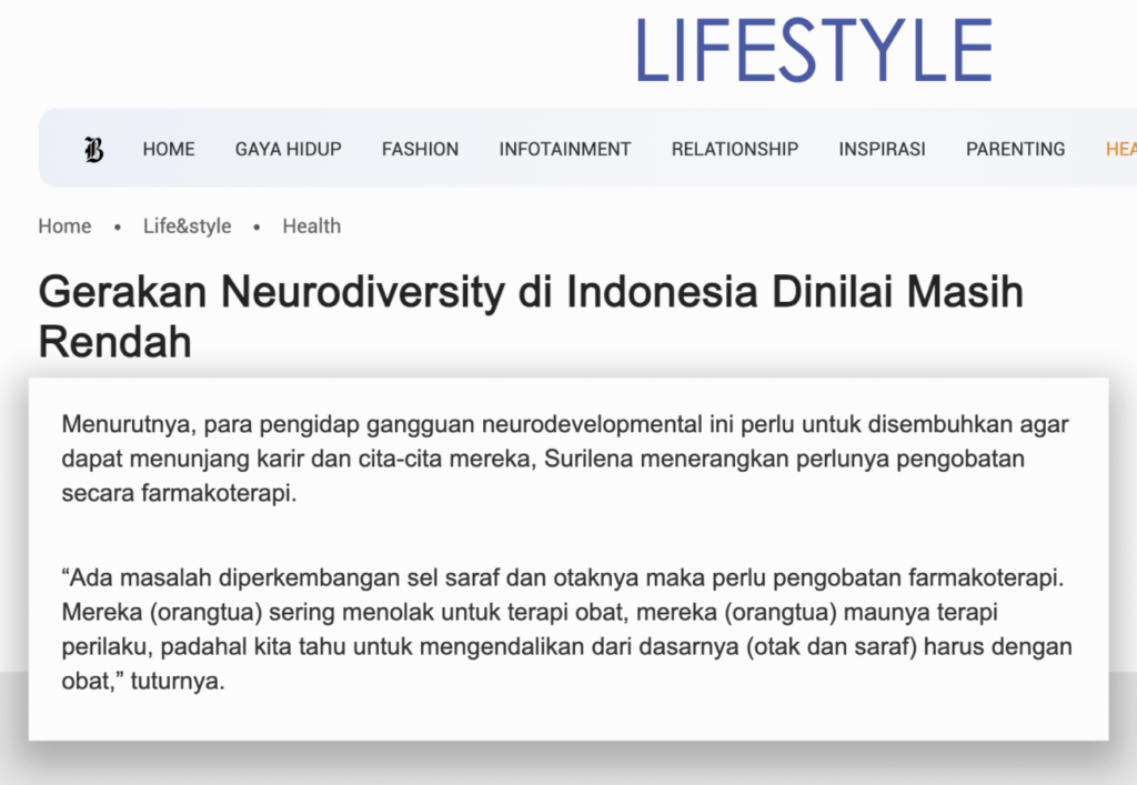 Screenshot artikel tentang Gerakan Neurodiversity di Indonesia Dinilai Masih Rendah