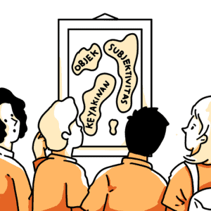 Kumpulan orang melihat peta dengan tulisan objek, keyakinan, dan subjektivitas