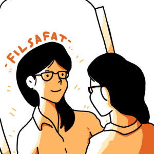 Seorang yang berkaca dan terdapat tulisan filsafat