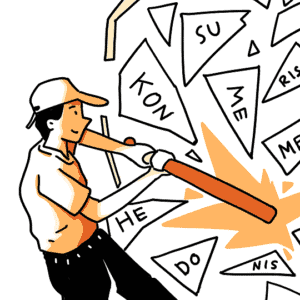 Seseorang yang memecahkan kaca bertuliskan "konsumerisme"